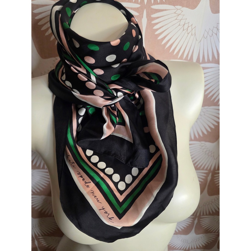 Kate Spade New York Polka Dot Striped Square Scarf Navy Green Pink 33x33 preppy